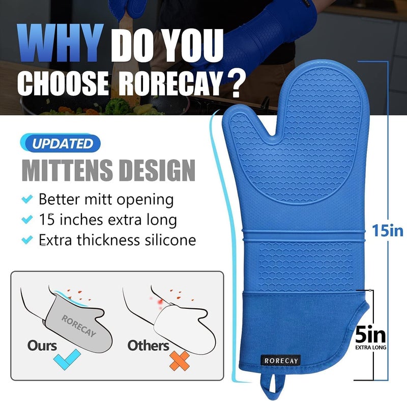 rorecay مجموعات قفازات فرن من Rorecay (6 قطع): قفازات سيليكون طويلة الأمد غير زلقة مقاومة للحرارة تصل درجة حرارتها إلى 500 درجة مئوية، مع وسائد حرارية، مناسبة للخبز والطهي في المطبخ، تحتوي على 6 قطع (لون أزرق بحيري). - Image 2
