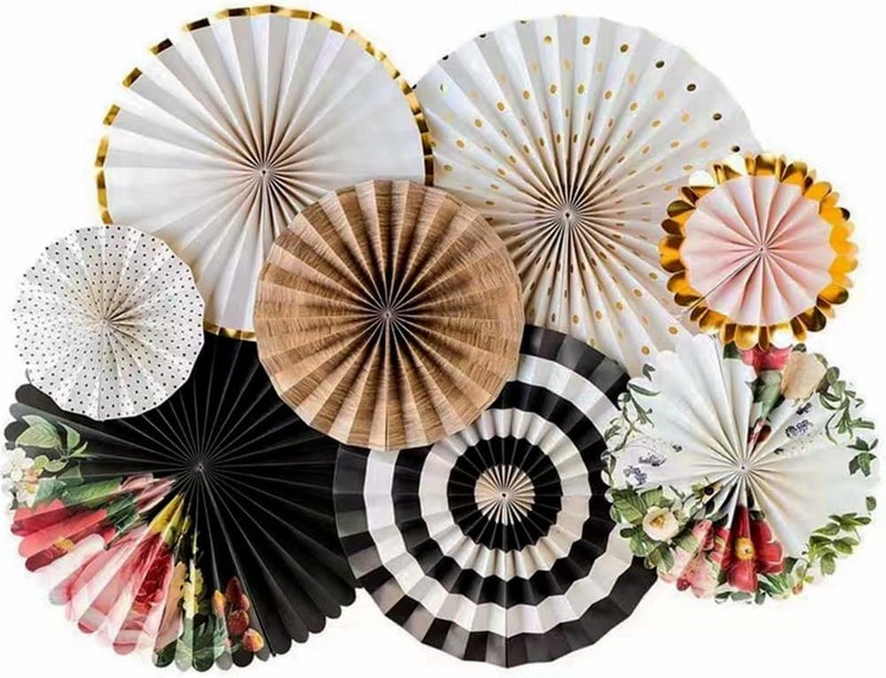 PartyToKo Folding Thick Paper Flower Hanging Paper Fan for Golden Theme Decoration Black and GoldBrown White Mix 8 PCS - Image 1