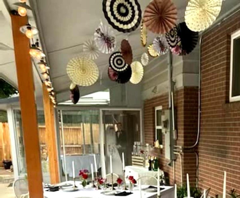 PartyToKo Folding Thick Paper Flower Hanging Paper Fan for Golden Theme Decoration Black and GoldBrown White Mix 8 PCS - Image 2