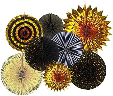 PartyToKo Folding Thick Paper Flower Hanging Paper Fan for Golden Theme Decoration Black and GoldBrown White Mix 8 PCS - Image 4