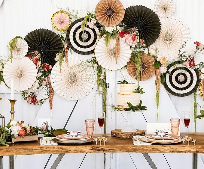 PartyToKo Folding Thick Paper Flower Hanging Paper Fan for Golden Theme Decoration Black and GoldBrown White Mix 8 PCS - Image 5