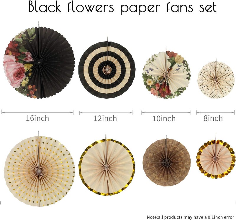PartyToKo Folding Thick Paper Flower Hanging Paper Fan for Golden Theme Decoration Black and GoldBrown White Mix 8 PCS - Image 3