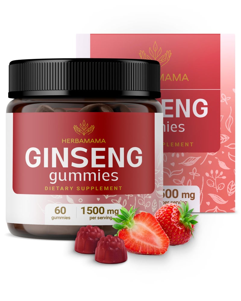 HERBAMAMA Panax Ginseng Gummies 1500mg Korean Red Ginseng Root for Energy Support Vegan NonGMO Red Panax Immune Support Supplement 60 PectinBased StrawberryFlavored Chews
