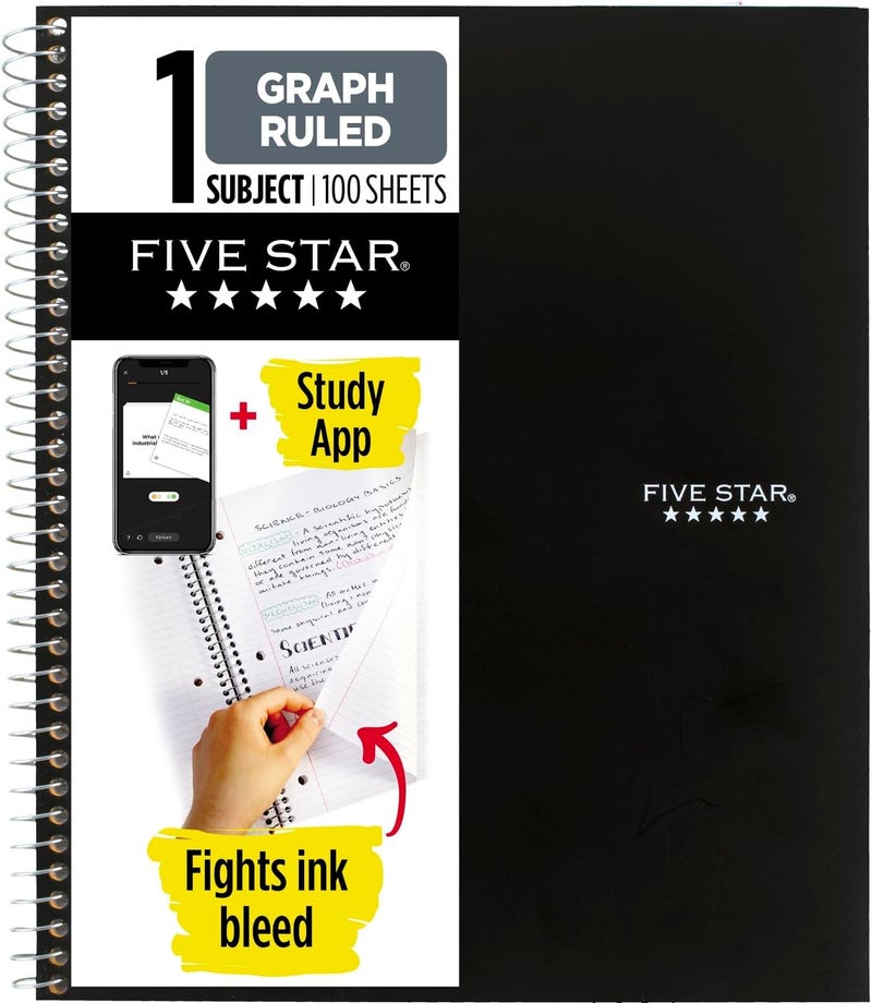 Five Star Spiral Notebook + Study App, 1 Subject, Graph Ruled Paper, Fights Ink Bleed, Water Resistant Cover, 8-1/2" x 11", 100 Sheets, Color Will Vary, 1 Count (06190) - Image 1