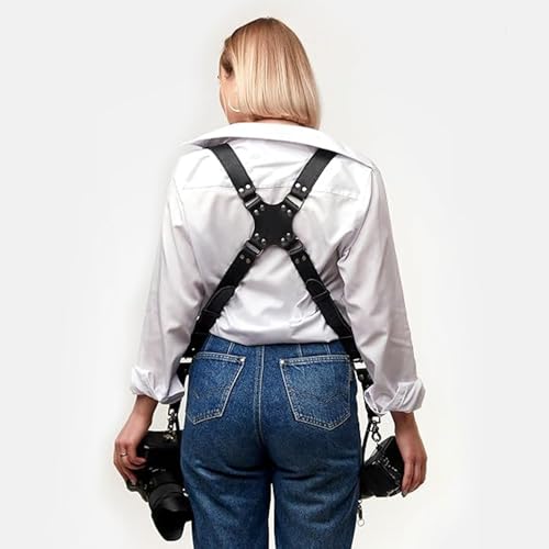 coku Dual Camera Leather Strap Adjustable DSLR/SLR Camera Belt Dual Shoulder Camera Harness Accessories for Two Cameras Multi Camera Gear for Photographers |Quick Release, Universal Fit (Black) - Image 5
