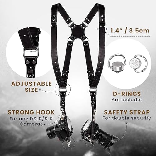 coku Dual Camera Leather Strap Adjustable DSLR/SLR Camera Belt Dual Shoulder Camera Harness Accessories for Two Cameras Multi Camera Gear for Photographers |Quick Release, Universal Fit (Black) - Image 2