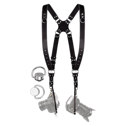 coku Dual Camera Leather Strap Adjustable DSLR/SLR Camera Belt Dual Shoulder Camera Harness Accessories for Two Cameras Multi Camera Gear for Photographers |Quick Release, Universal Fit (Black) - Image 1