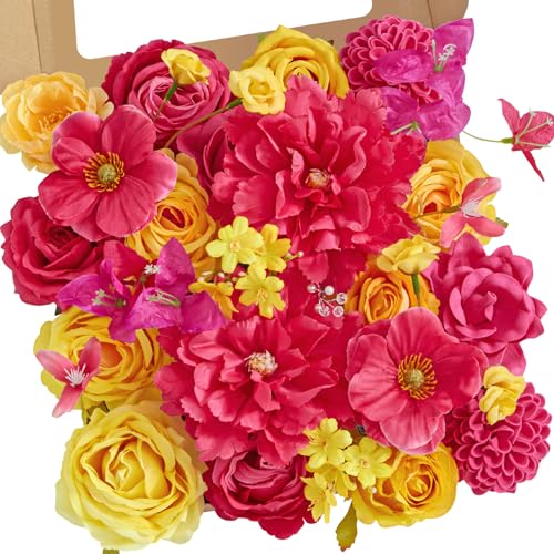 Alecono Artificial Flowers, Hot Pink and Yellow Silk Fake Flowers for Valentines Day Home Decor, DIY Wedding Bouquets, Cake Flowers for Table Centerpieces Baby Shower Birthday Party Decorations - Image 1