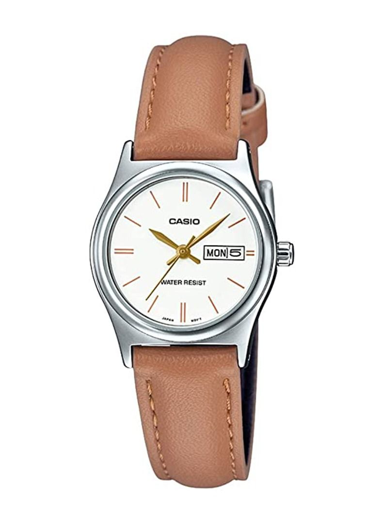 Casio LTP-V006L-7B2UDF Women's Brown Leather Band White Dial Day Date Analog Dress Watch