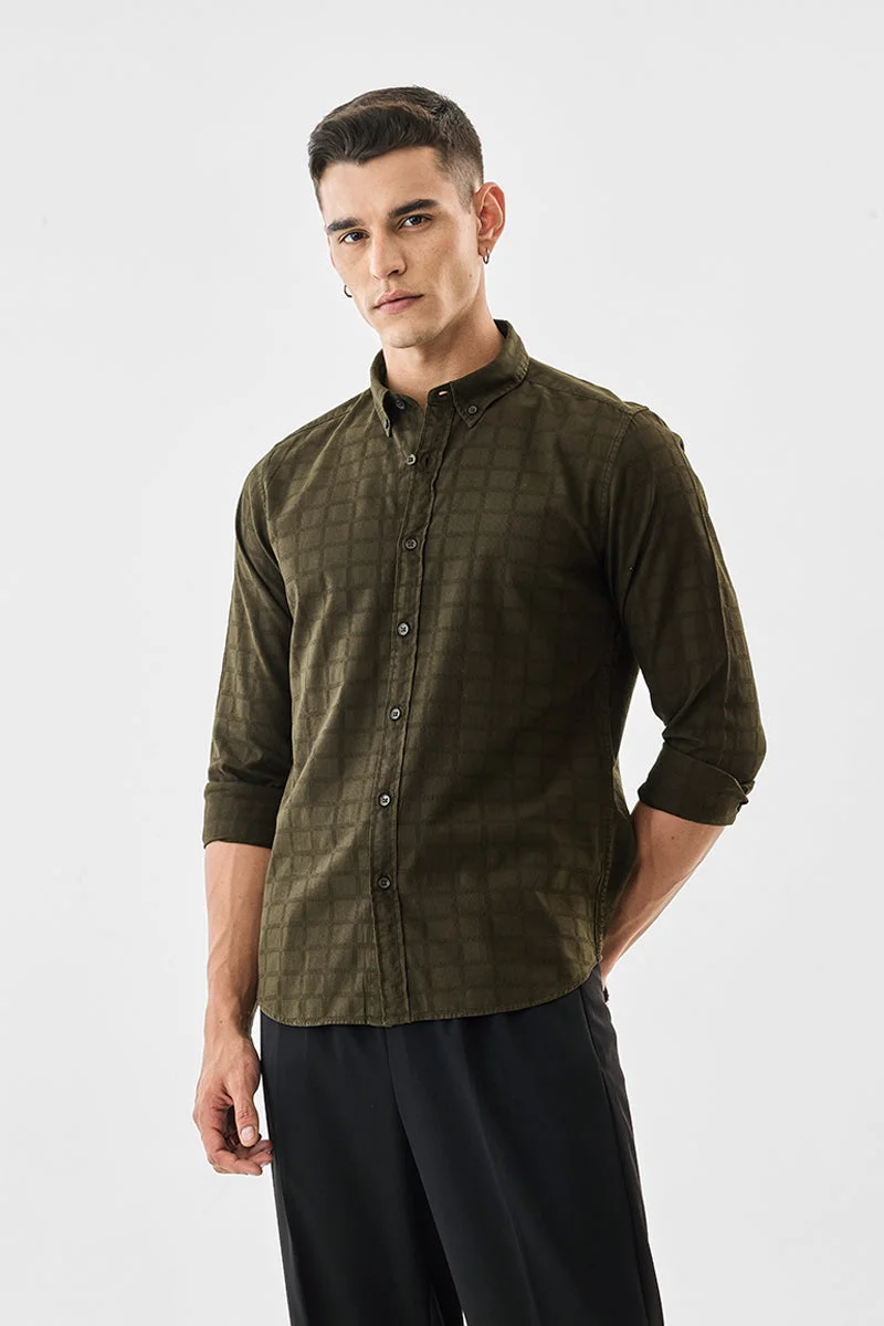 SNITCH Olive Checkered Long Sleeve Slim Fit Shirt