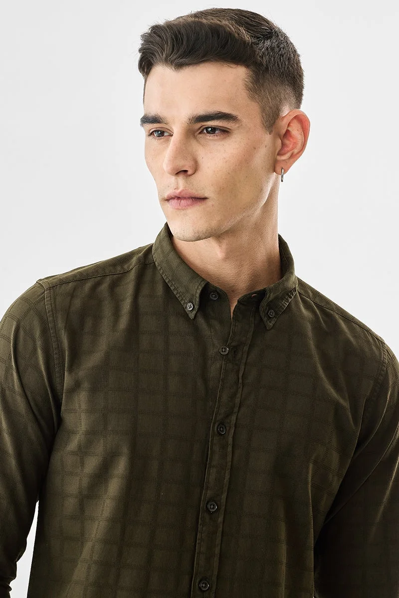 سنيتش Olive Checkered Long Sleeve Slim Fit Shirt