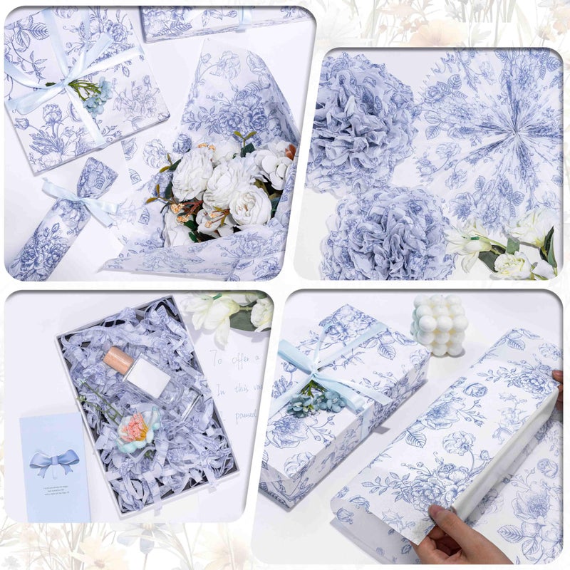 Larcenciel Floral Tissue Paper Bulk, Vintage Blue & White Flower Tissue Paper for Gift Bags, Wrapping, Crafts, Decoupage Art Packing Supplies for Weddings, Birthdays, Holidays Decor, 30 Sheets 20x14in - Image 4
