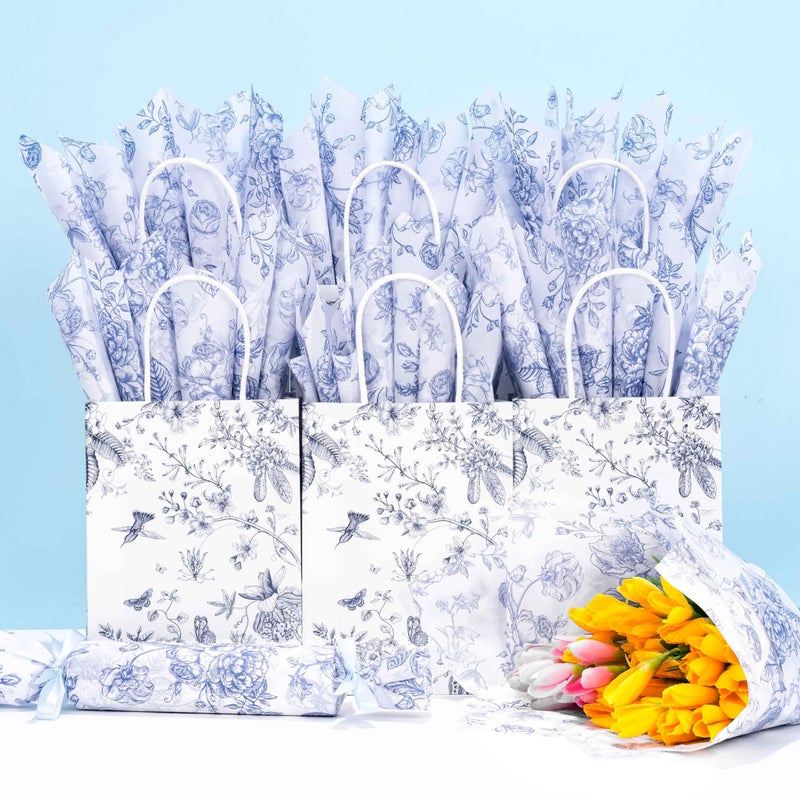Larcenciel Floral Tissue Paper Bulk, Vintage Blue & White Flower Tissue Paper for Gift Bags, Wrapping, Crafts, Decoupage Art Packing Supplies for Weddings, Birthdays, Holidays Decor, 30 Sheets 20x14in - Image 2