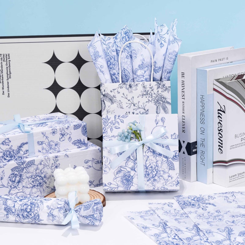 Larcenciel Floral Tissue Paper Bulk, Vintage Blue & White Flower Tissue Paper for Gift Bags, Wrapping, Crafts, Decoupage Art Packing Supplies for Weddings, Birthdays, Holidays Decor, 30 Sheets 20x14in - Image 3