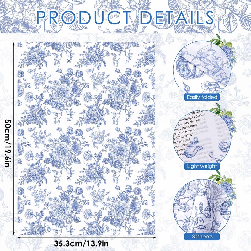 Larcenciel Floral Tissue Paper Bulk, Vintage Blue & White Flower Tissue Paper for Gift Bags, Wrapping, Crafts, Decoupage Art Packing Supplies for Weddings, Birthdays, Holidays Decor, 30 Sheets 20x14in - Image 5
