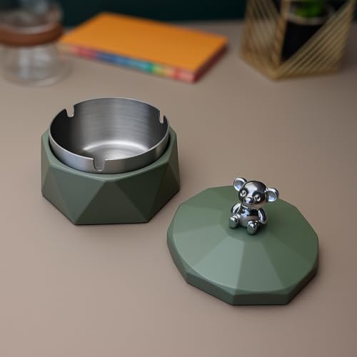 CORALTREE CORAL TREE Stainless Steel & Plastic Base Portable Ashtray Spinning Lid Modern Tabletop Ashtray With Non Slip Stronger Base for Home Office Indoor or Outdoor for Men & Women (Olive Green) - Image 1