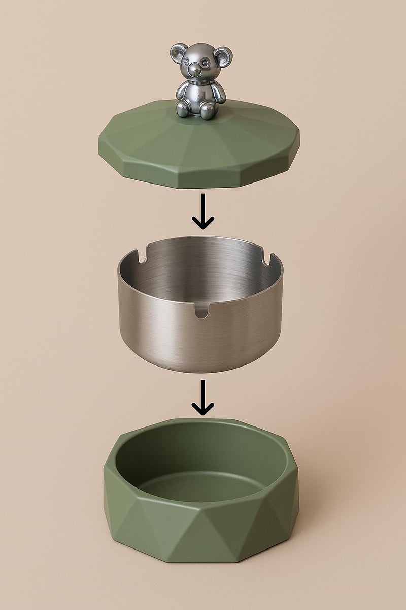CORALTREE CORAL TREE Stainless Steel & Plastic Base Portable Ashtray Spinning Lid Modern Tabletop Ashtray With Non Slip Stronger Base for Home Office Indoor or Outdoor for Men & Women (Olive Green) - Image 5