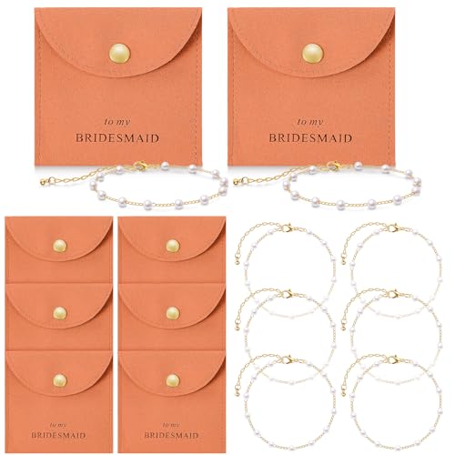 Quelay 16 Pcs Jewelry Bridesmaid Gift Pearl Bracelet Microfiber Jewelry Bag Pouch Set of 8 for Wedding Bridal Party Favor(Crockery, Gold,Button) - Image 1