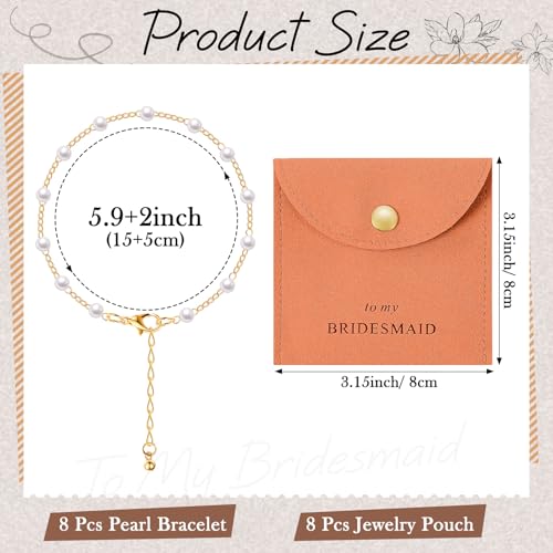 Quelay 16 Pcs Jewelry Bridesmaid Gift Pearl Bracelet Microfiber Jewelry Bag Pouch Set of 8 for Wedding Bridal Party Favor(Crockery, Gold,Button) - Image 2
