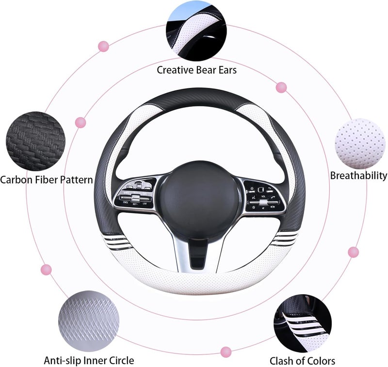 Binsheo Cute Steering Wheel Cover D Shape for Women Men Breathable Universal 15 inch,Black and White - Image 5