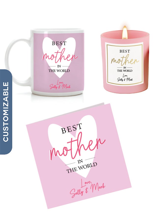 Share the Love Customisable Best Mother in the World Combo - Coffee Mug, Scented Candle with a Greeting Card 