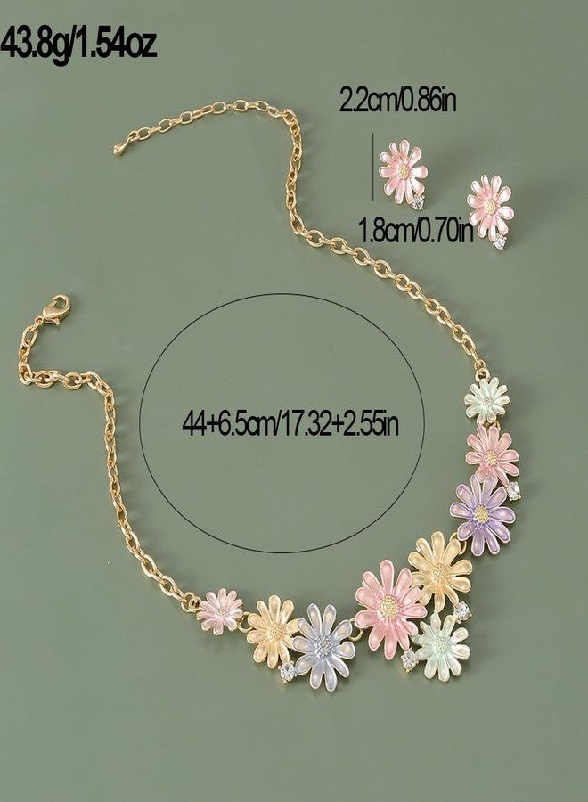 OIDIMS Sweet Cute Necklace Earring Set Colorful Butterfly Daisy Summer Crystal Boho Choker Pendant Necklaces Cartilage Elegant Candy Color Sunflower Beach Hawaiian for Women Party Fashion Jewelry Gifts (Daisy) - Image 4