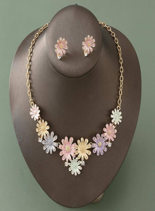 OIDIMS Sweet Cute Necklace Earring Set Colorful Butterfly Daisy Summer Crystal Boho Choker Pendant Necklaces Cartilage Elegant Candy Color Sunflower Beach Hawaiian for Women Party Fashion Jewelry Gifts (Daisy) - Image 5