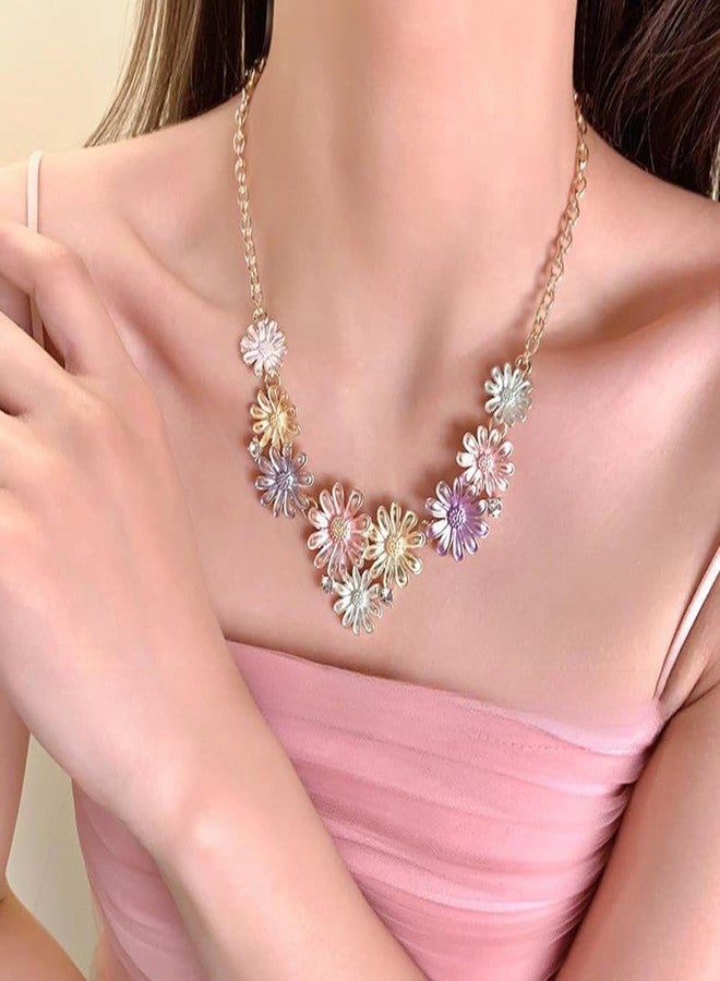 OIDIMS Sweet Cute Necklace Earring Set Colorful Butterfly Daisy Summer Crystal Boho Choker Pendant Necklaces Cartilage Elegant Candy Color Sunflower Beach Hawaiian for Women Party Fashion Jewelry Gifts (Daisy) - Image 2