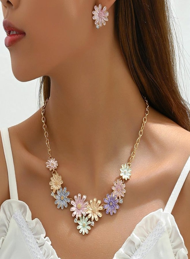 OIDIMS Sweet Cute Necklace Earring Set Colorful Butterfly Daisy Summer Crystal Boho Choker Pendant Necklaces Cartilage Elegant Candy Color Sunflower Beach Hawaiian for Women Party Fashion Jewelry Gifts (Daisy) - Image 3