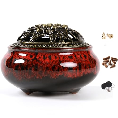 LAMDAWN Ceramic Incense Burner with Incense Stick Holder  Insulation use for Stick or Coil Incense Sage Cones and Frankincense Fambe Red