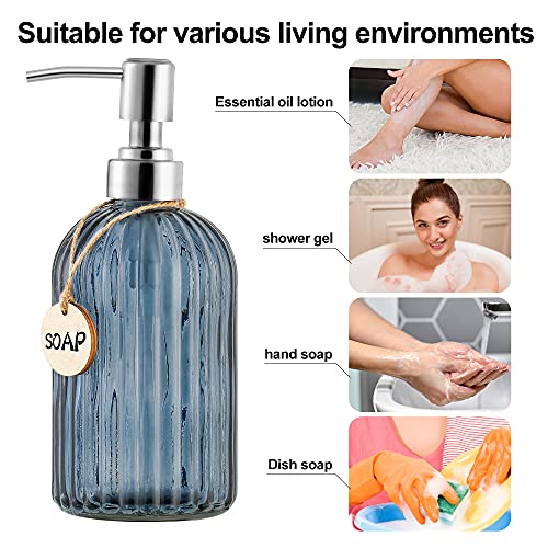 MOCLIF 16 OZ Soap Dispenser，Tempered Glass Clear Vertical Stripe with 304 Rust Proof Stainless Steel Pump Refillable Liquid Hand Soap Dispenser，for Bathroom, Kitchen, Dish Soap，Lotion (Blue Grey) - Image 4
