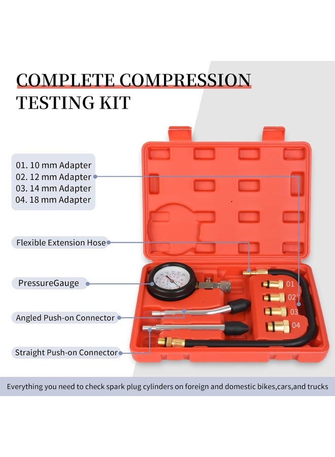 Engine Compression Tester Kit with Pressure Gauge, 8-Piece Set, Dual Scale PSI/Bar, Flexible Hose, 10/12/14/18mm Adapters for Car Motorcycle ATV Lawn Mower Trucks - Image 3