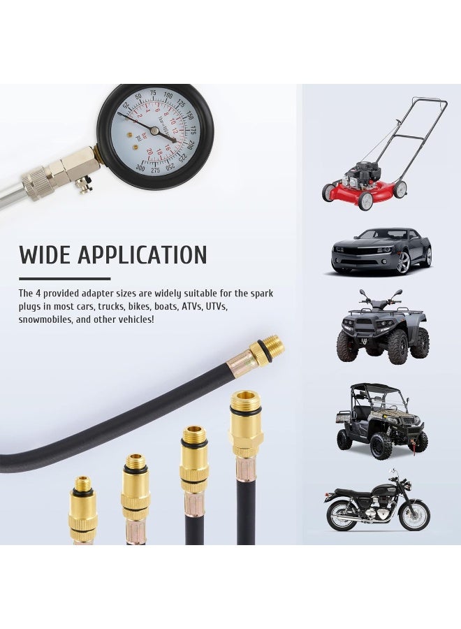 Engine Compression Tester Kit with Pressure Gauge, 8-Piece Set, Dual Scale PSI/Bar, Flexible Hose, 10/12/14/18mm Adapters for Car Motorcycle ATV Lawn Mower Trucks - Image 4