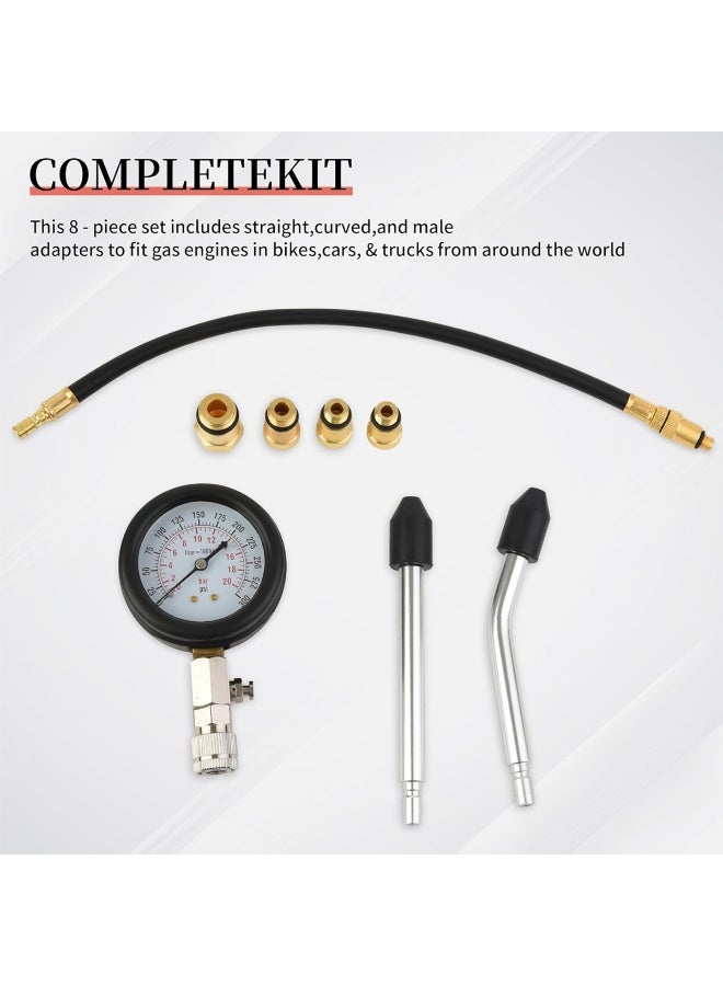 Engine Compression Tester Kit with Pressure Gauge, 8-Piece Set, Dual Scale PSI/Bar, Flexible Hose, 10/12/14/18mm Adapters for Car Motorcycle ATV Lawn Mower Trucks - Image 5