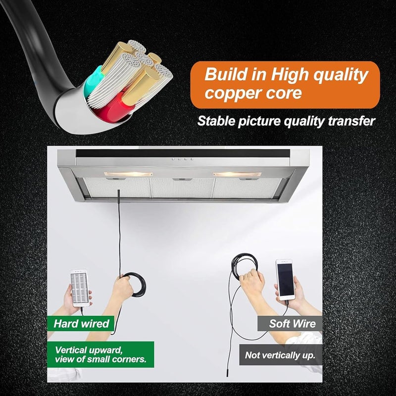 Pwshymi Pwshymi 1PCS كاميرا منظار مع 6 أضواء LED قابلة للتعديل وعدسة قابلة للدوران 360 درجة، كاميرا تفتيش USB IP67 للسيارات والأنابيب والمنزل (أسود 5م / 16.4 قدم سلك صلب) - Image 3