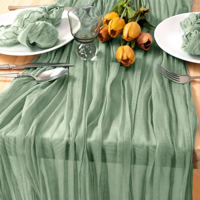 MLMC Sage Green Cheesecloth Table Runner 10ft Rustic Gauze Cheese Cloth Table Runner 35x120 Inches for Spring Boho Wedding Bridal Shower Sheer Centerpiece Decor