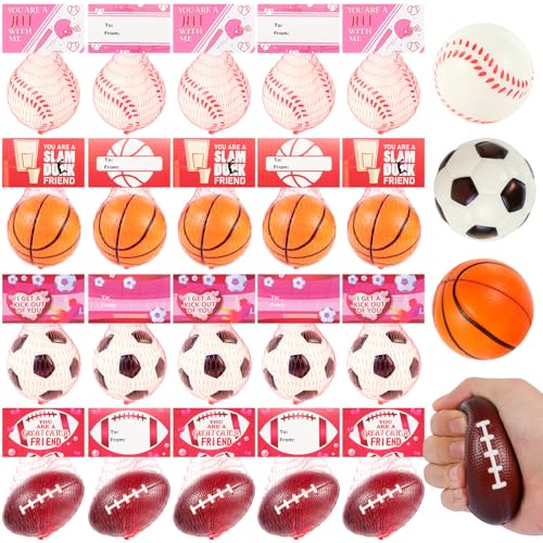 LiYiQ 28Pcs Valentines Day Gifts Cards with Basketball Soccer Football Baseball Stress Ball 236 Inch Sports Stress Balls Foam Bouncy Balls Ideal Valentine Gifts Classroom Exchange - Image 1