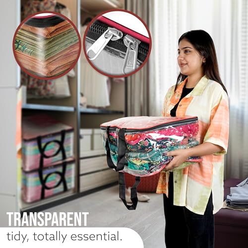 SNDIA 4 Pack Nylon 33 L PVC Transparent Clothes storage Bags/Saree Covers with Zip for Storage Specially Design for Woman Dresses,Sarees,Lehngas for Wardrobe Organizer(Redblack, 40 x 31x 24 cm) - Image 5