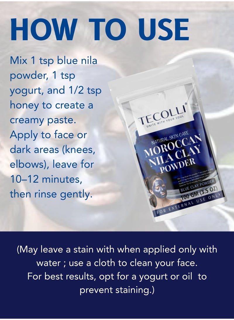 TECOLLI Original Moroccan Blue Nila Powder 100g – Pure & Natural Face Mask for Skin Brightening, Purifying, and Whitening  - Image 3
