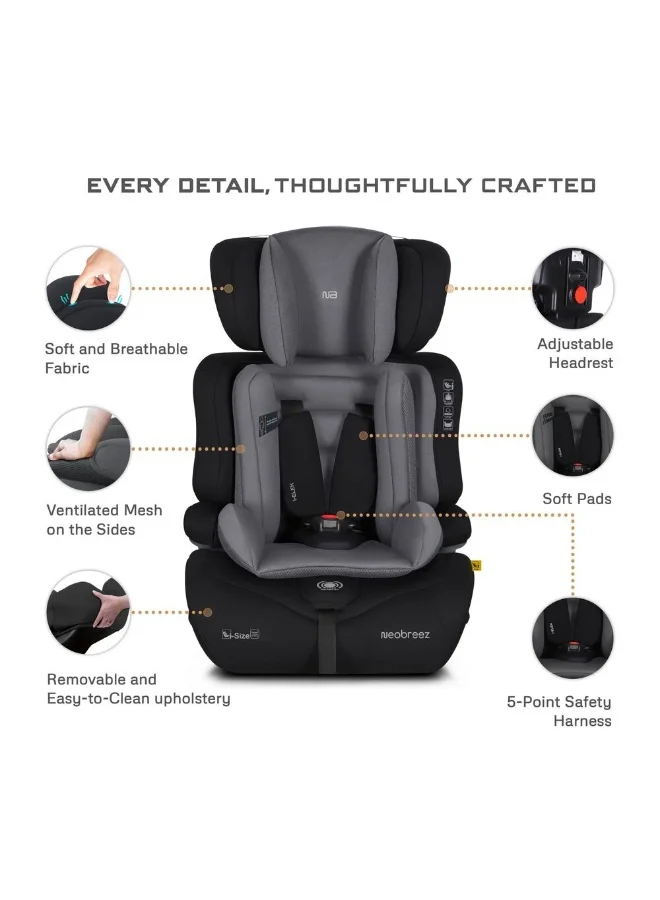 neobreez I-ELEK Universal Baby/Kids/Child/Toddler Safety 3-In-1 Car Seat, I-Size, ECER129, High Back Booster Car Seat,  Adjustable Headrest,  3-Point Safety Belt, 5 Point Harness, 9-36 Kg, 15m-12Yrs, Group 1/2/3
