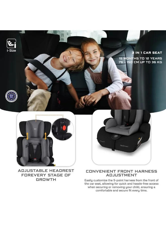 neobreez I-ELEK Universal Baby/Kids/Child/Toddler Safety 3-In-1 Car Seat, I-Size, ECER129, High Back Booster Car Seat,  Adjustable Headrest,  3-Point Safety Belt, 5 Point Harness, 9-36 Kg, 15m-12Yrs, Group 1/2/3