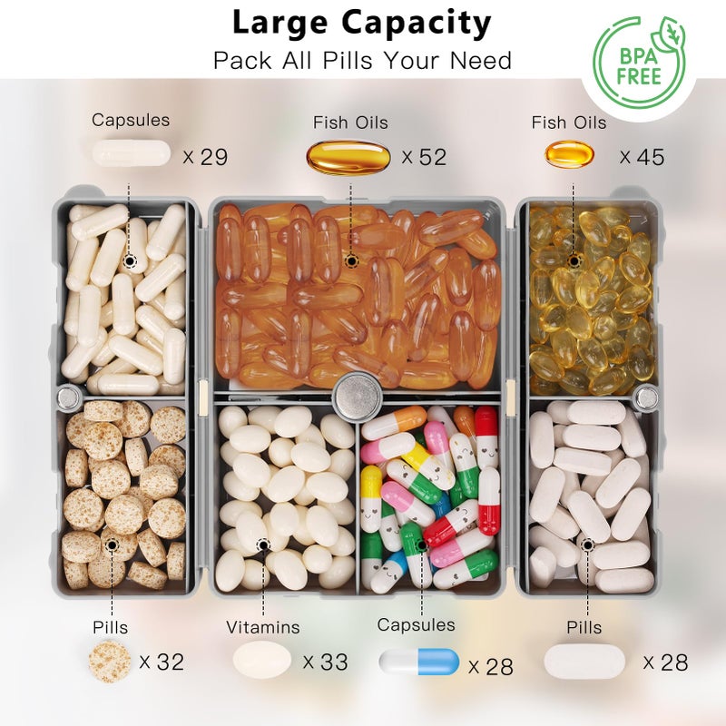 FYY Daily Pill Organizer,7 Compartments Portable Pill Case Travel Pill Organizer,[Folding Design] Pill Box for Purse Pocket to Hold Vitamins,Cod Liver Oil,Supplements and Medication-Grey - Image 2