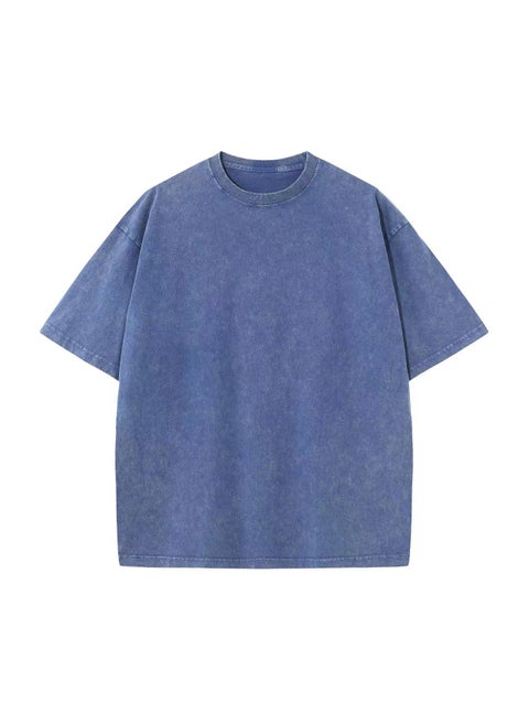 230g Cotton Heavy Washed T-shirt oversize Shoulder-drop American Retro Brand Batik Old T-shirt Men Blue