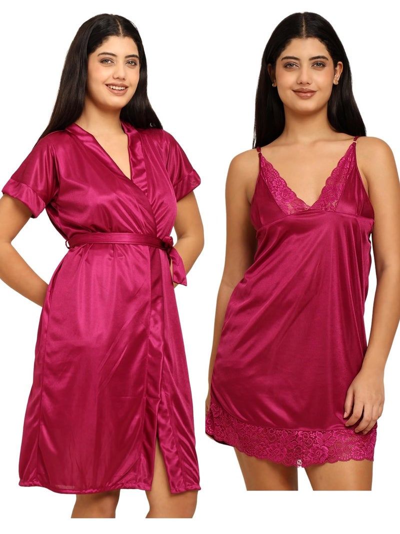 Noty Store Noty ® Women's- 3 Pc Hot & Sexy Nightwear Set- Satin - Sexy Lace Chemise with Robe (Wine, Free Size) - Image 1