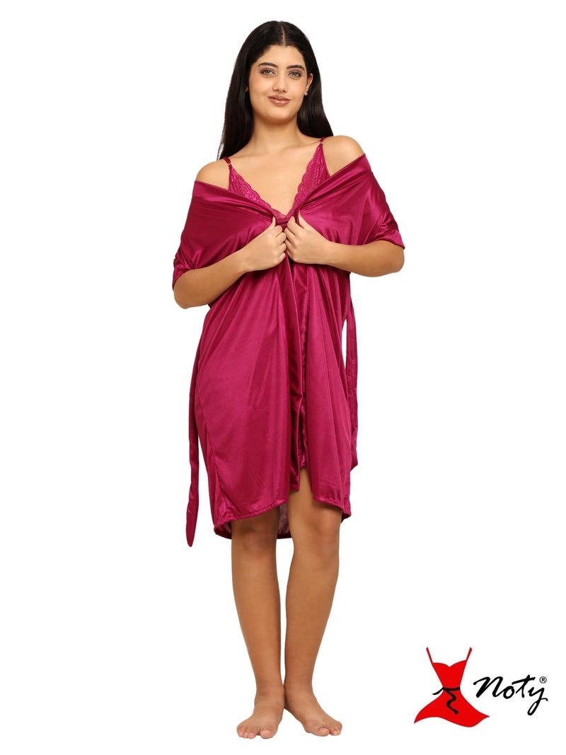 Noty Store Noty ® Women's- 3 Pc Hot & Sexy Nightwear Set- Satin - Sexy Lace Chemise with Robe (Wine, Free Size) - Image 2
