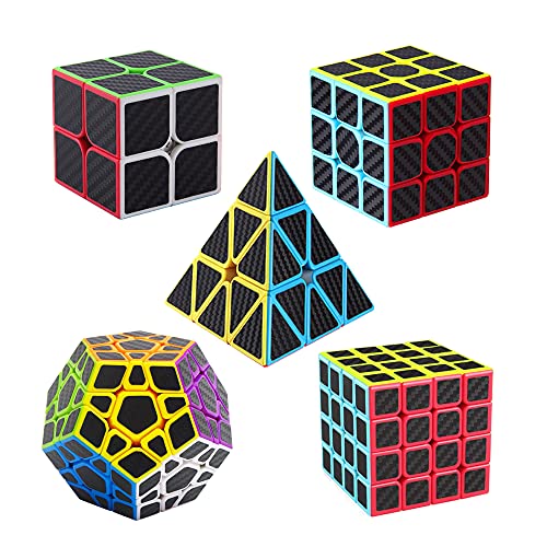 Roxenda Speed Cube Set 5 Pack Magic Cube Bundle of 2x2 3x3 4x4 Megaminx Cube and Pyramid Cube Smoothly Carbon Fiber Sticker Speed Cubes Collection for Kids Teens  Adults - Image 1