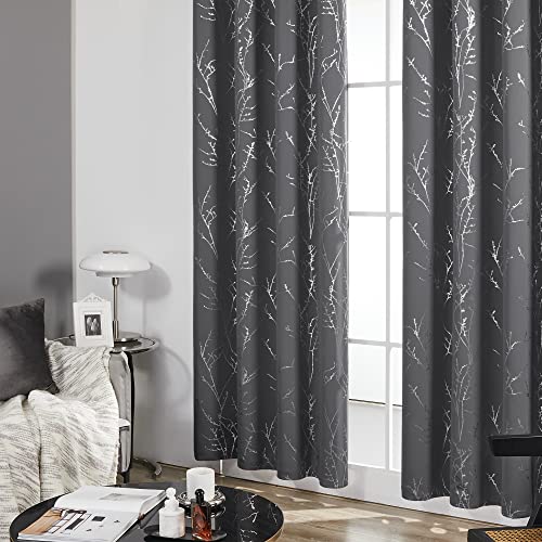 Deconovo Grey Blackout Curtains, Thermal Insulated Soundproof Drapes, Silver Branch Foil Print, 52 x 84 Inch, 2 Panels, Machine‑Washable Privacy Window Panel for Living Room Bedroom Nursery Office - Image 4