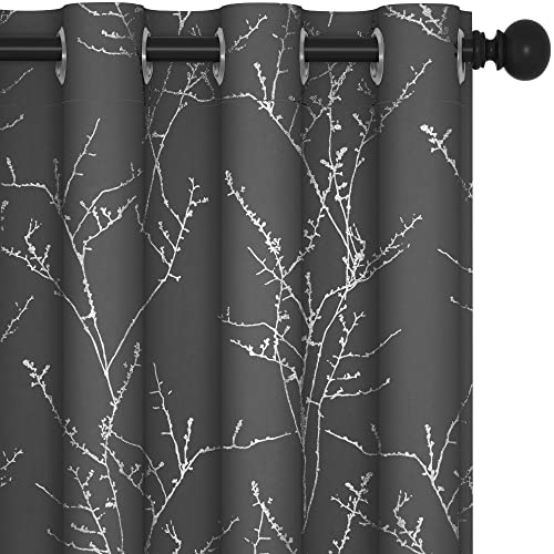 Deconovo Grey Blackout Curtains, Thermal Insulated Soundproof Drapes, Silver Branch Foil Print, 52 x 84 Inch, 2 Panels, Machine‑Washable Privacy Window Panel for Living Room Bedroom Nursery Office - Image 1