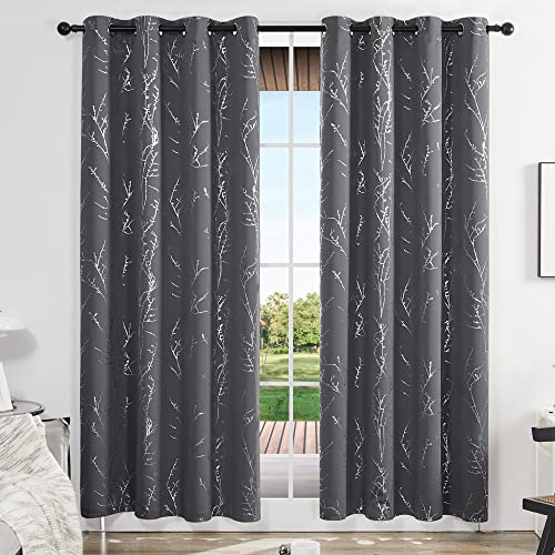 Deconovo Grey Blackout Curtains, Thermal Insulated Soundproof Drapes, Silver Branch Foil Print, 52 x 84 Inch, 2 Panels, Machine‑Washable Privacy Window Panel for Living Room Bedroom Nursery Office - Image 2