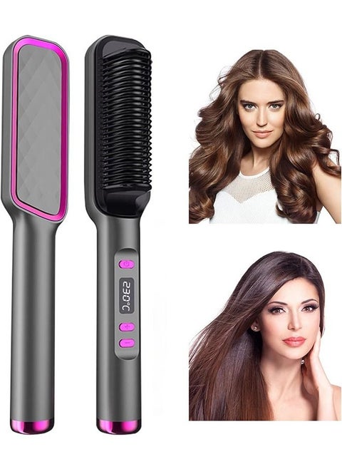 Hair Straightener Brush, Built-In Comb Negative Lon Brush with Lcd Display Screen, With Anti-Scald Feature, Free Temperature Regulation & Auto-Off Function for Professional Hair Salon at Home